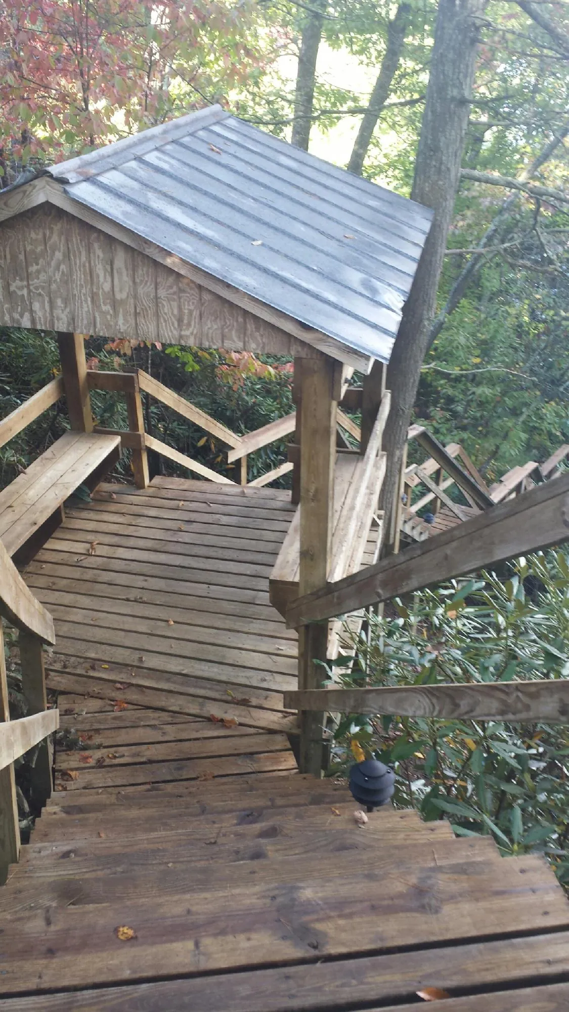 Metal roofed shelter over wooden steps on a wooded walkway — Skylight Repair & Installation work by our crew in San Juan Bautista